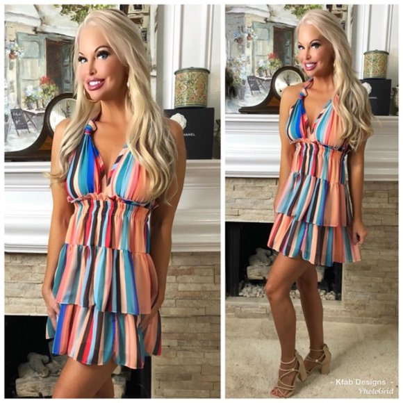 Multi Stripe Tiered Ruffle Halter Dress - Picture 3 of 7